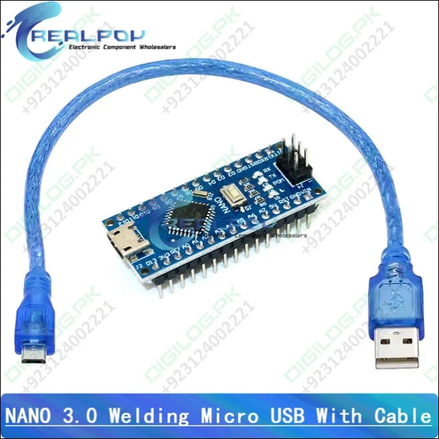 Blue Arduino Nano V3 with USB cable, perfect for projects and affordable in Pakistan