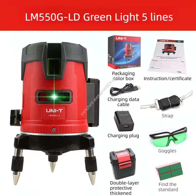 UNI-T LM550G-LD Green Laser Level – 4V1H (5 Lines + 6 Points), ±3 mm/10 m, Self-Leveling, 510–515 nm, Rechargeable Li-ion, with Tool Box