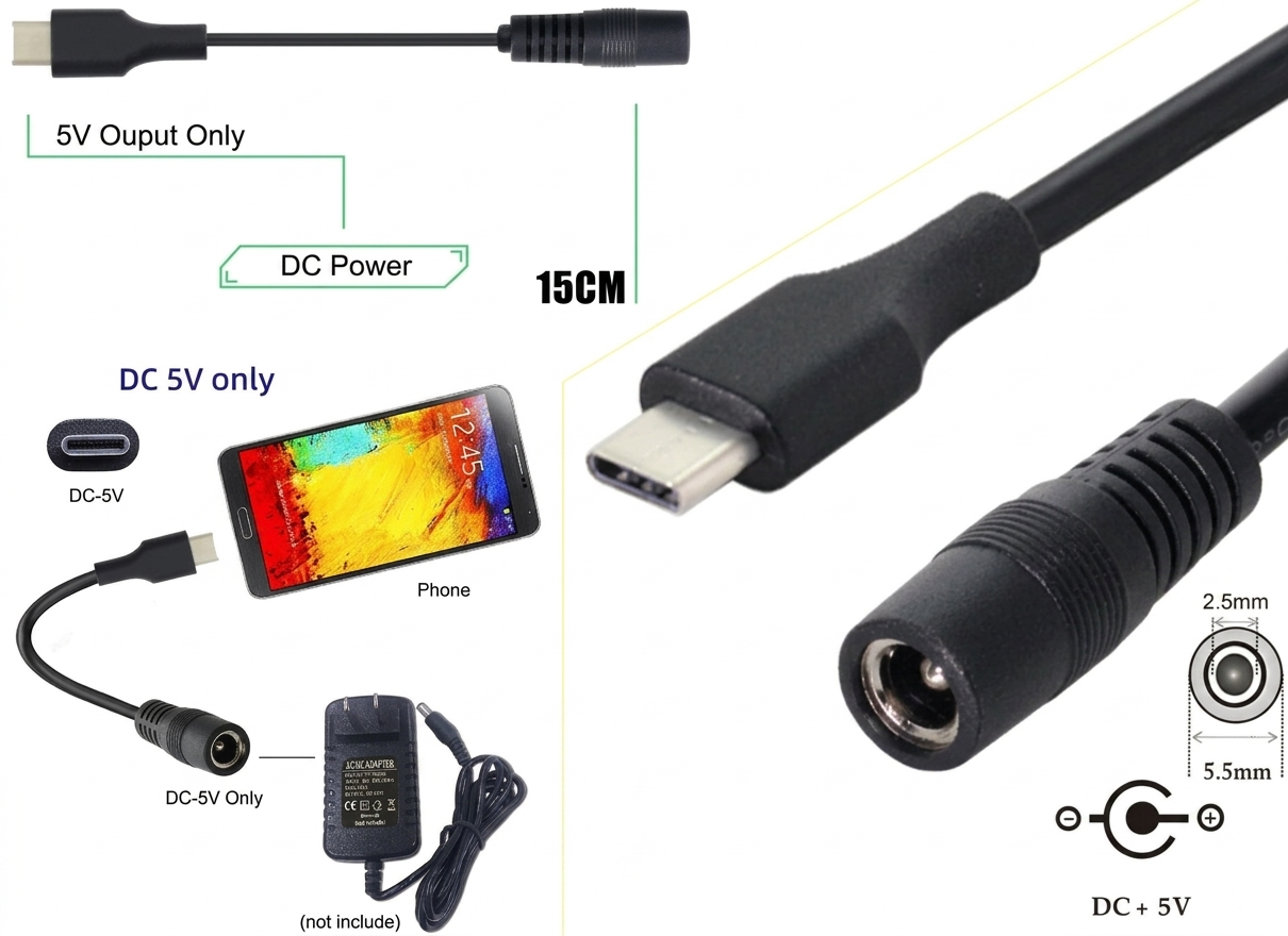 USB 3.1 Type C Male to DC 5.5mm x 2.1mm Female Power Jack Extension Charge Cable 15cm