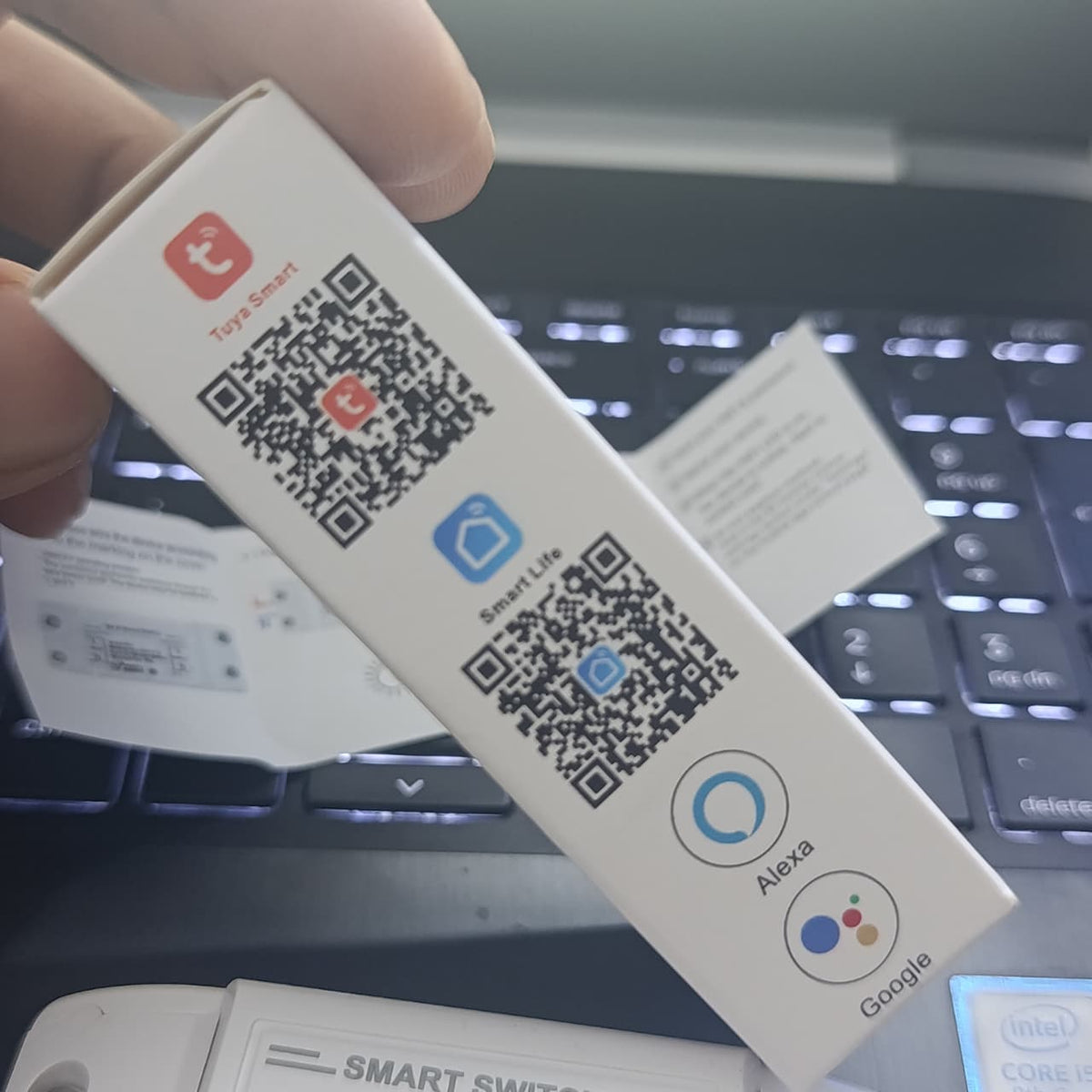 Tuya Smart and Smart Life app QR codes with Alexa and Google compatibility on packaging
