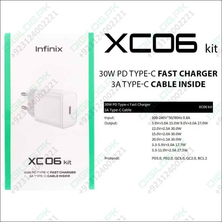 Infinix XC06 30W PD Type C Fast Charger + 3A Type C - Type C Cable