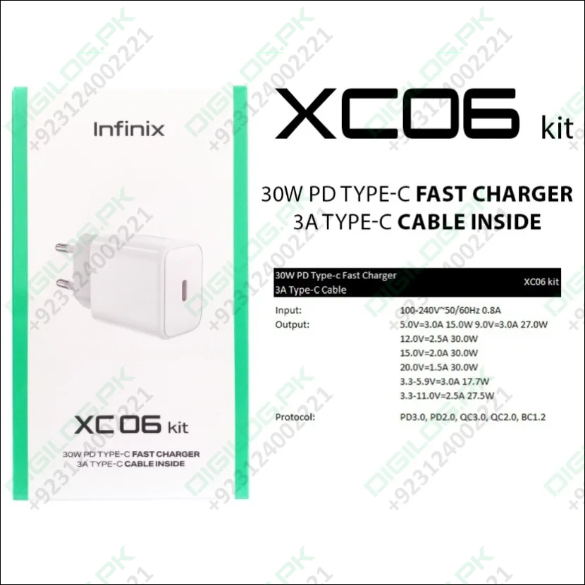 Infinix XC06 30W PD Type C Fast Charger + 3A Type C - Type C Cable
