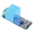 Zmpt Single Phase AC Voltage Sensor - a blue transformer, a blue potentiometer, and a green terminal block on a green circuit board.
