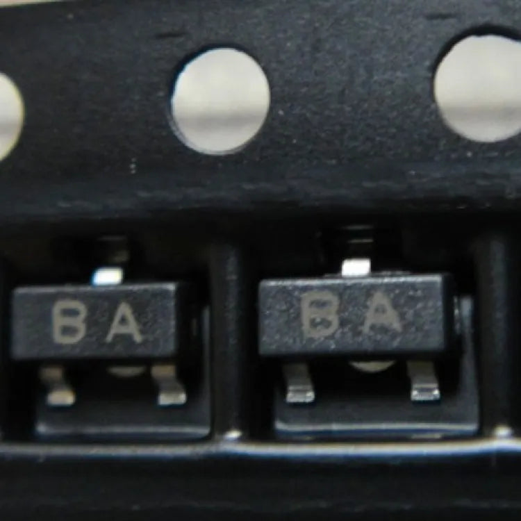A1015 2SA1015 MMBT1015 2SA1015LT1 1015 SMD Ba Transistor PNP 50V 150mA 250mW Sot-23 - a close-up view showing two black SOT-23 components with the marking BA printed on them, housed in a black plastic carrier tape.