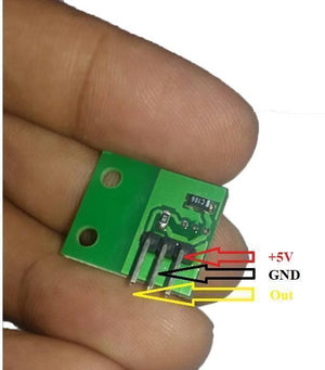 A1104E A04E New Original Hall Monopole Switch Small Volume TO-92uA - green circuit board with a three-pin connector held by fingers, labeled with +5V, GND, and Out arrows.