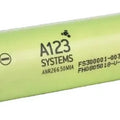 A123 Systems ANR26650M1A 3.3V 2.3Ah LiFePO4 26650 Battery Cell Pullout - a light green cylindrical 26650 lithium-ion battery with printed model text and positive and negative terminals.