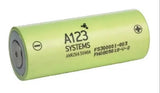 A123 Systems ANR26650M1A 3.3V 2.3Ah LiFePO4 26650 Battery Cell Pullout - a light green cylindrical 26650 lithium-ion battery with printed model text and positive and negative terminals.