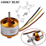 A2212 1400kV Brushless DC BLDC Motor For DIY Rc Aircraft Multicopter - the gold and silver cylindrical motor, a cross-shaped mounting plate, screws, and a propeller adapter.