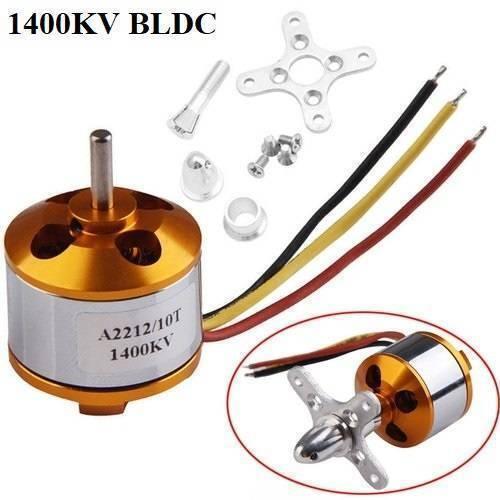 A2212 1400kV Brushless DC BLDC Motor For DIY Rc Aircraft Multicopter - the gold and silver cylindrical motor, a cross-shaped mounting plate, screws, and a propeller adapter.