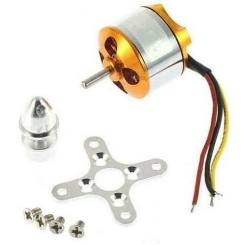 A2212 1400kV Brushless DC BLDC Motor For DIY Rc Aircraft Multicopter - shown with a silver and gold motor, a propeller adapter, a cross-shaped mounting bracket, and four small mounting screws.