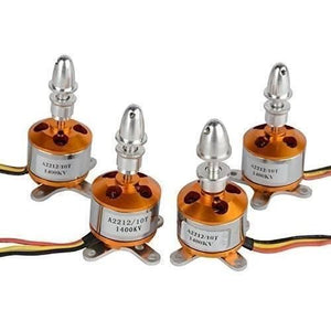 A2212 1400kV Brushless DC BLDC Motor For DIY Rc Aircraft Multicopter - four orange and silver motors with attached propellers mounts and three-wire connectors.