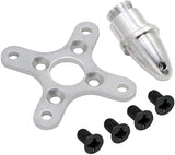 A2212 BLDC Motor Propeller Fitting Accessory - a silver metal cross-shaped motor mount, a bullet-style propeller adapter, and four black screws.