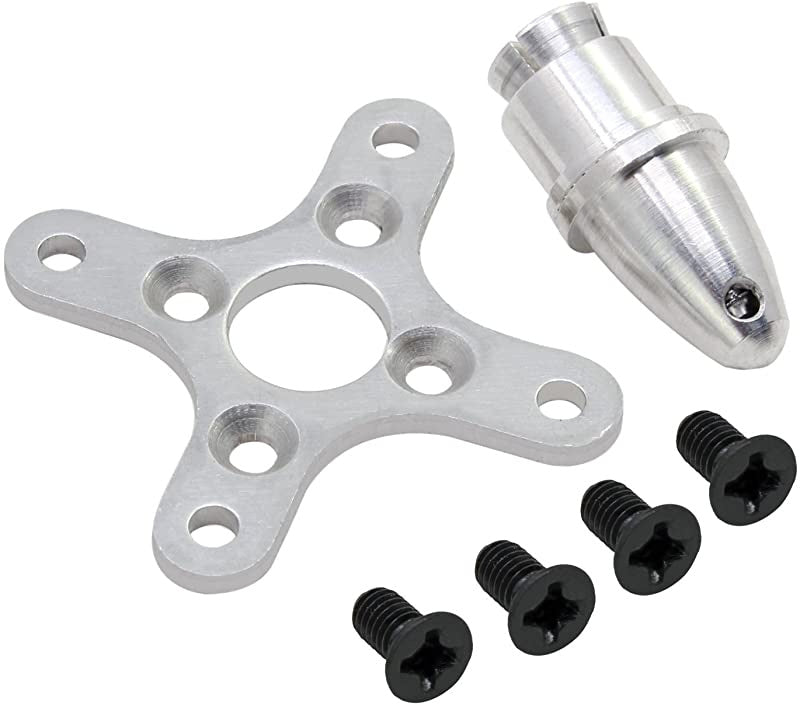 A2212 BLDC Motor Propeller Fitting Accessory - a silver metal cross-shaped motor mount, a bullet-style propeller adapter, and four black screws.