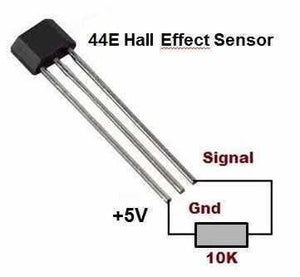 A3144E Hall Effect Sensor 44E - shown as a black three-pin electronic component with a diagram illustrating its connection to a 10K resistor.
