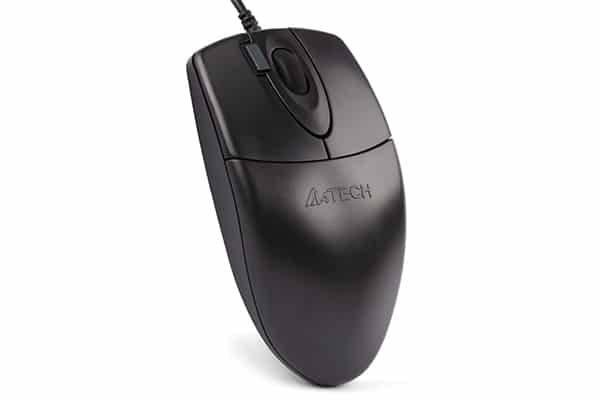 A4 Tech OP-620D – 2x Click Optical Mouse Clone - a black, wired, ergonomic optical mouse featuring two primary buttons and a central scroll wheel.