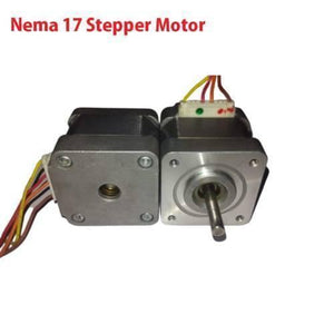 A4988 Compatible NEMA17 NEMA 17 Stepper Motor For 3d Printer - two silver-coloured square stepper motors with protruding shafts and attached multi-coloured wire connectors.