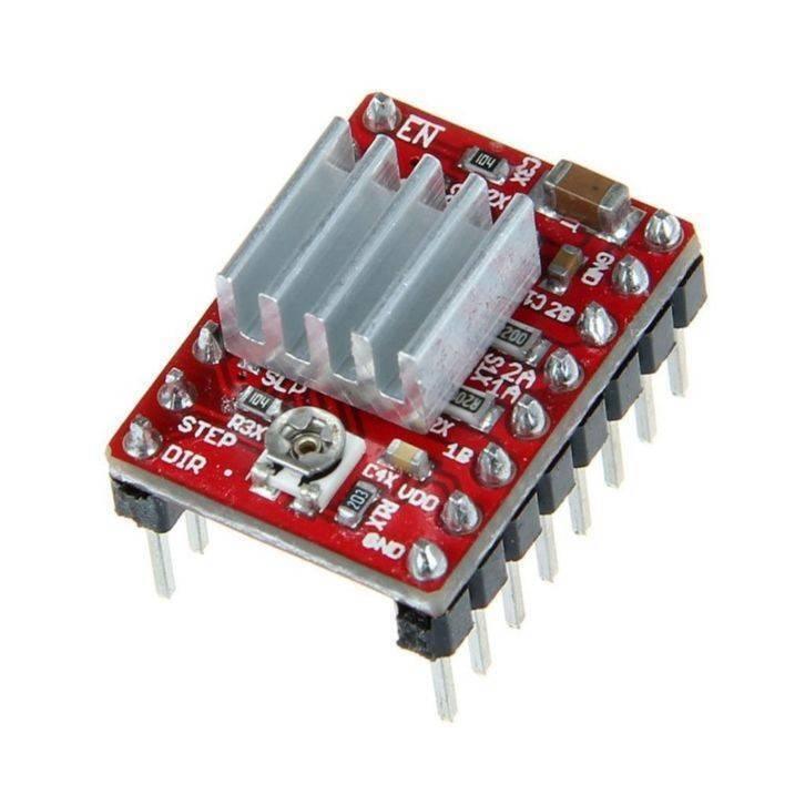 A4988 Stepper Motor Driver - module on a red PCB with a silver heatsink, featuring a small adjustment potentiometer and multiple pin headers.