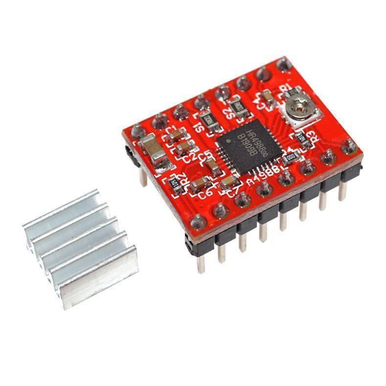 A4988 Stepper Motor Driver - with a red circuit board, a small silver heatsink, a potentiometer, and pin headers.