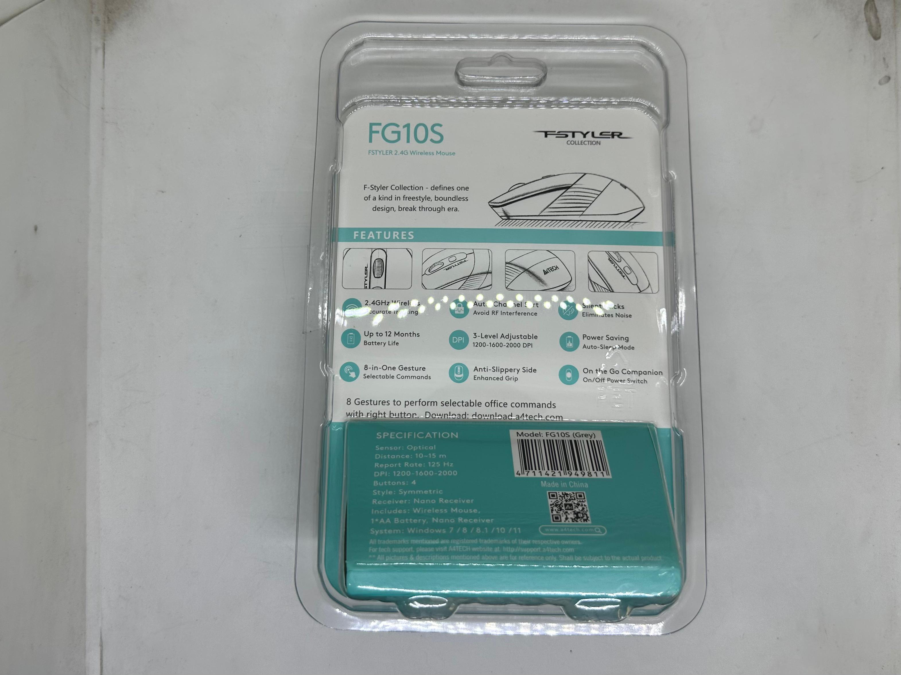 A4tech Fstyler FG10S 2.4g Wireless Mouse – 2000 Dpi Silent Click - in its original plastic blister packaging, showing the back of the card with product specifications and features.