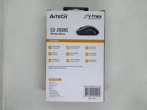 A4tech G3-280NS 2.4g Wireless Mouse – 1200 Dpi V-track Silent - the product image, features, and specifications printed on the white cardboard exterior.