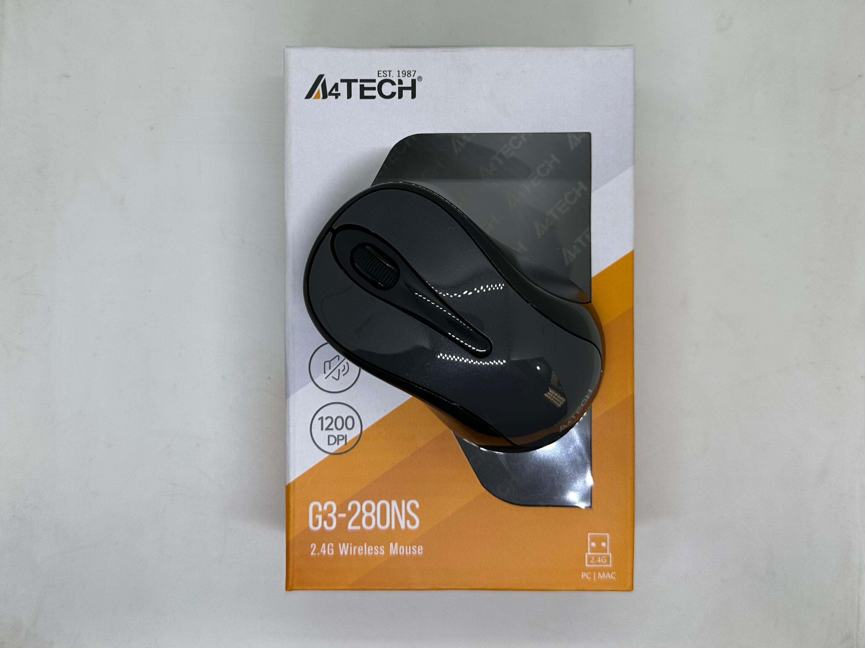 A4tech G3-280NS 2.4g Wireless Mouse – 1200 Dpi V-track Silent - shown in its grey and orange retail packaging box, featuring a black wireless mouse with a scroll wheel.