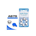 A675 Audio Power-Hearing Aid Batteries Pack of 6 cells - six 1.45V zinc-air button cells in blue blister packaging with two loose batteries shown separately.
