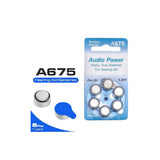 A675 Audio Power-Hearing Aid Batteries Pack of 6 cells - six 1.45V zinc-air button cells in blue blister packaging with two loose batteries shown separately.