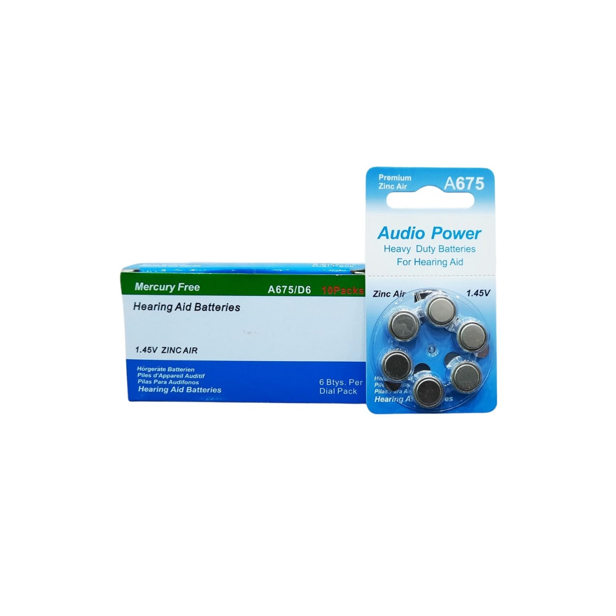 A675 Audio Power-Hearing Aid Batteries Pack of 6 cells - shown as a blue and white cardboard box next to a blister pack of six silver button-cell batteries.