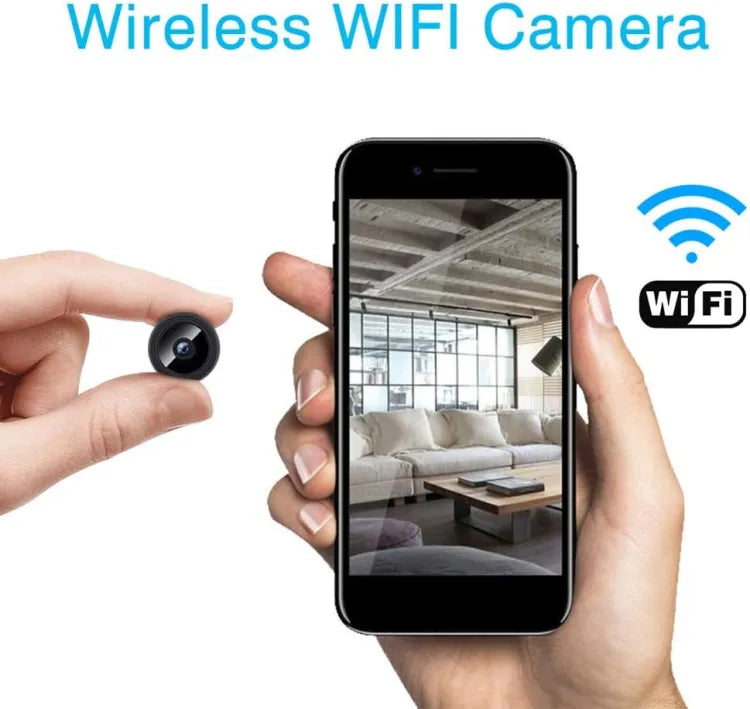 A9 Mini Wi-Fi Camera 1080P Full HD Wireless Ip Camera - a small black circular lens held by fingers next to a smartphone displaying a live view of a living room interior.
