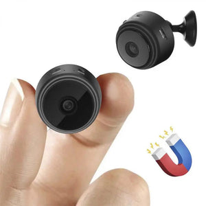 A9 Mini Wi-Fi Camera 1080P Full HD Wireless Ip Camera - a black, circular wireless camera held by fingers, with a second unit attached to a mount and a U-shaped magnet icon.