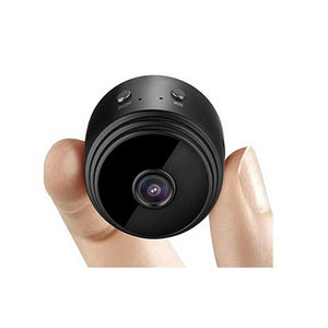 A9 Mini Wi-Fi Camera 1080P Full HD Wireless Ip Camera - a small black circular wireless camera held between fingers, featuring a central lens and two buttons labeled ON/OFF and MODE.