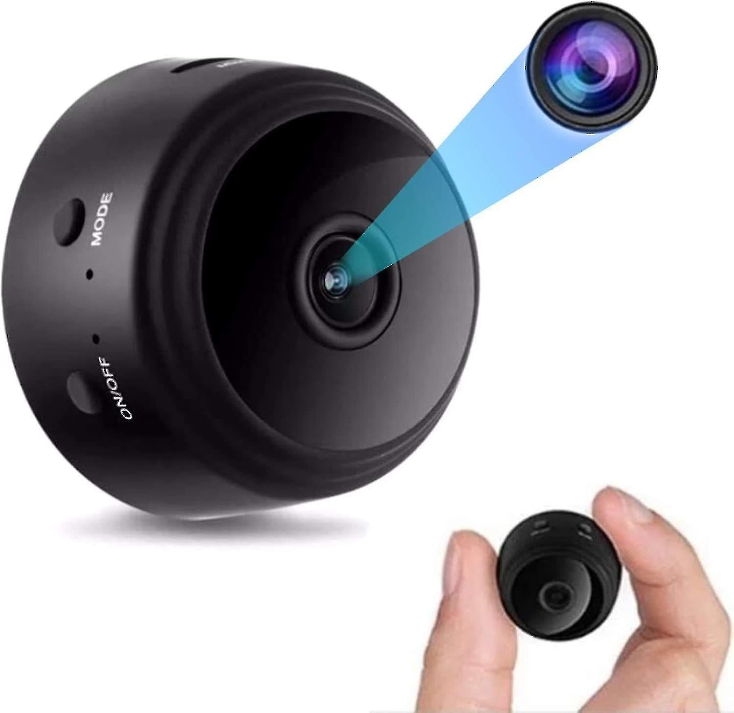 A9 Mini Wi-Fi Camera 1080P Full HD Wireless Ip Camera - shown as a black, circular device with Mode and On/Off buttons, with a close-up inset and a hand holding the small camera.
