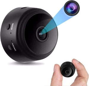 A9 Mini Wi-Fi Camera 1080P Full HD Wireless Ip Camera - shown as a black, circular device with Mode and On/Off buttons, with a close-up inset and a hand holding the small camera.