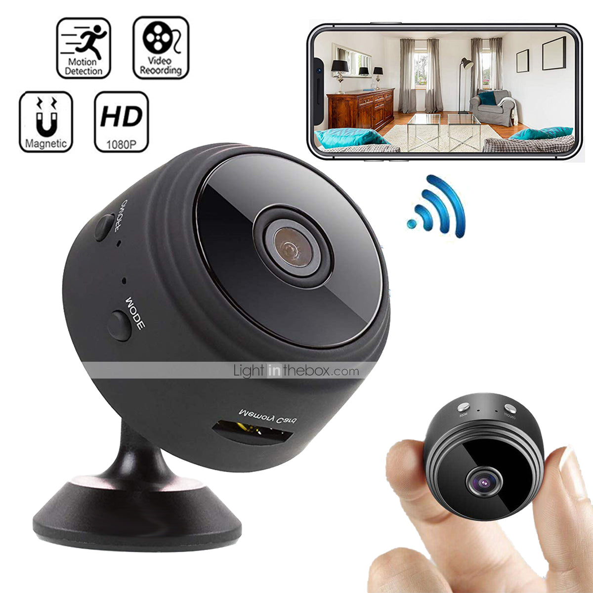 A9 Mini Wi-Fi Camera 1080P Full HD Wireless Ip Camera - shown in black with a magnetic stand, a side button, a memory card slot, and a smartphone display.