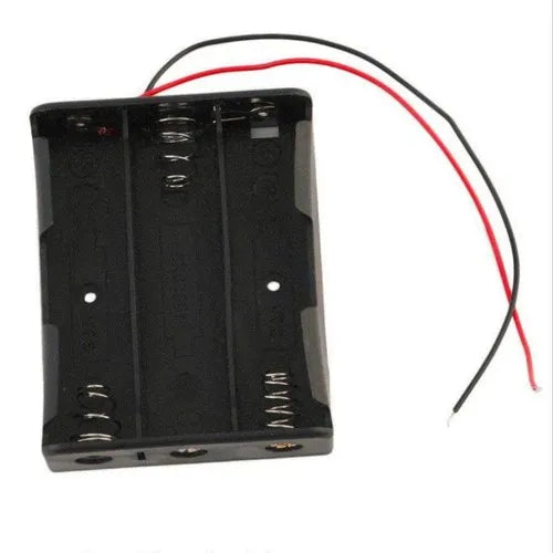 AA 3 Cell Battery Holder AA X 3 - a black plastic battery case for three AA batteries with two attached red and black wire leads.