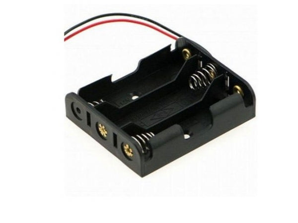 AA 3 Cell Battery Holder AA X 3 - a black plastic battery case with three slots, metal springs, and red and black wires.