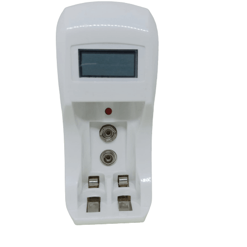 AA Ad AAA Cell And Battery Charger 1.2V And 9V - a white plastic charging unit with an LCD screen, two 9V battery terminals, and two charging bays.