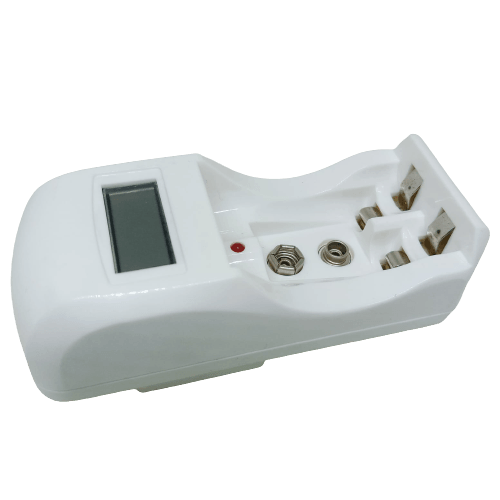 AA Ad AAA Cell And Battery Charger 1.2V And 9V - a white, molded plastic device featuring a small LCD screen, a red indicator light, and charging ports.