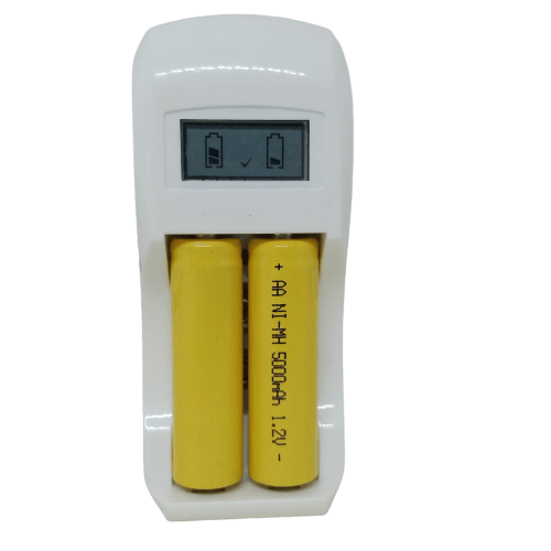 AA Ad AAA Cell And Battery Charger 1.2V And 9V - with a white plastic body, a digital display showing battery status, and two yellow AA batteries inserted.