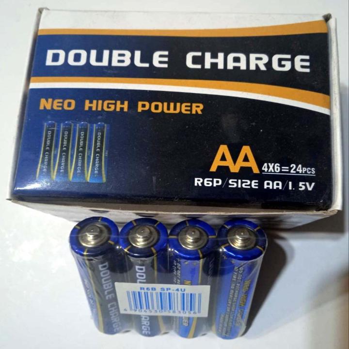 AA Battery Cell 1.2volt AA Pencil Cell Excellant Quality Original Double Charge 1pcs Cell - shown as a blue and yellow cardboard box labeled "Double Charge" above a shrink-wrapped pack of four blue AA batteries.