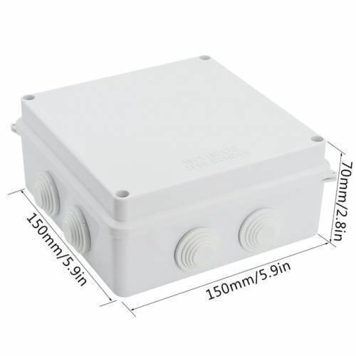ABS Plastic Dust Proof Junction Box Universal Electrical Project Enclosure White 150MMX150MMX70MM - square electrical enclosure with cable glands on the sides and overlaid dimension lines in millimeters and inches.