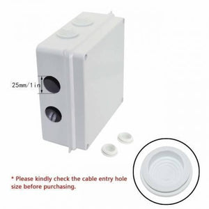 ABS Plastic Dust Proof Junction Box Universal Electrical Project Enclosure White 150MMX150MMX70MM - the white enclosure with 25mm cable entry holes, two rubber grommets, and a close-up of a cable entry seal.