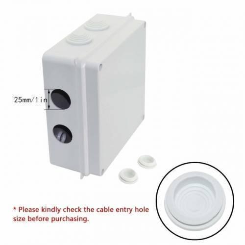 ABS Plastic Dust Proof Junction Box Universal Electrical Project Enclosure White 150MMX150MMX70MM - the white enclosure with 25mm cable entry holes, two rubber grommets, and a close-up of a cable entry seal.