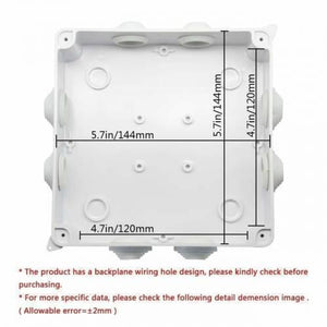 ABS Plastic Dust Proof Junction Box Universal Electrical Project Enclosure White 150MMX150MMX70MM - a top-down view of the white square enclosure with superimposed dimension lines and measurements in mm and inches.