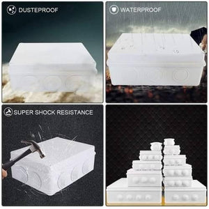 ABS Plastic Dust Proof Junction Box Universal Electrical Project Enclosure White 150MMX150MMX70MM - shown in a four-panel collage demonstrating its dustproof, waterproof, shock-resistant properties and various sizes.