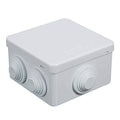 ABS Plastic Junction Box Universal Electrical Project Enclosure 100x100x65mm - a white, square plastic box with four circular cable entry ports.