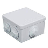 ABS Plastic Junction Box Universal Electrical Project Enclosure 100x100x65mm - a white, square plastic box with four circular cable entry ports.