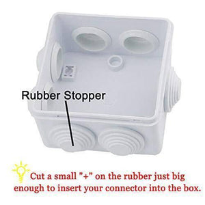 ABS Plastic Junction Box Universal Electrical Project Enclosure 100x100x65mm - shown as a white square enclosure with rubber stoppers on the sides and instructional text for cable insertion.