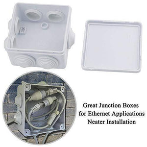 ABS Plastic Junction Box Universal Electrical Project Enclosure 100x100x65mm - shown as an empty white enclosure with a separate lid and an inset image demonstrating an Ethernet cable installation.