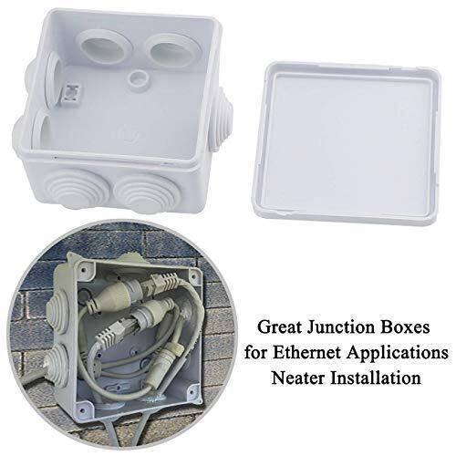 ABS Plastic Junction Box Universal Electrical Project Enclosure 100x100x65mm - shown as an empty white enclosure with a separate lid and an inset image demonstrating an Ethernet cable installation.